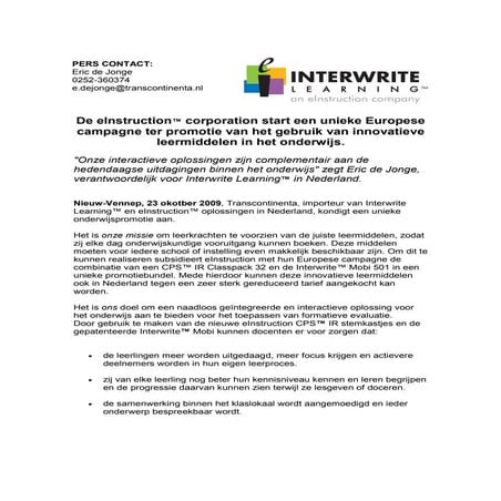 Persbericht Europese Onderwijspromotie Interwrite