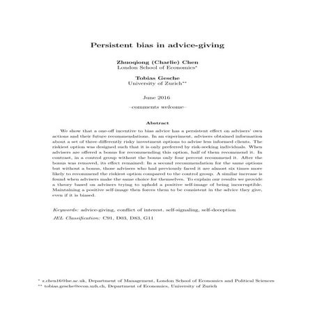 Persistent Bias In Advice Giving