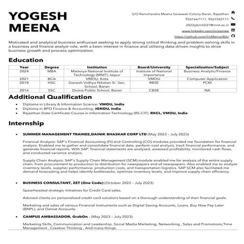 Sample Resume Freshers - Business Analytics/Business Consultant
