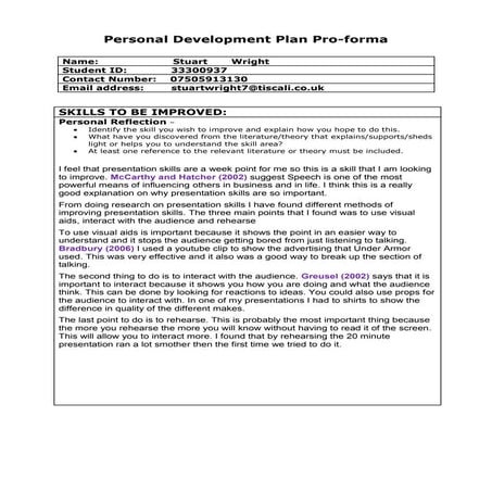 Personal development plan pro forma and action plan dec 2010