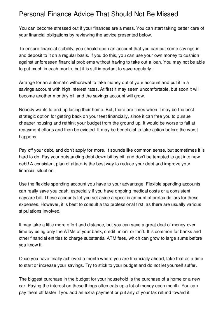 Personal Finance Advice That Should Not Be Missed