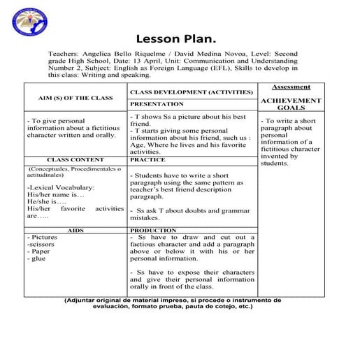 Personal information lesson plan and flash card