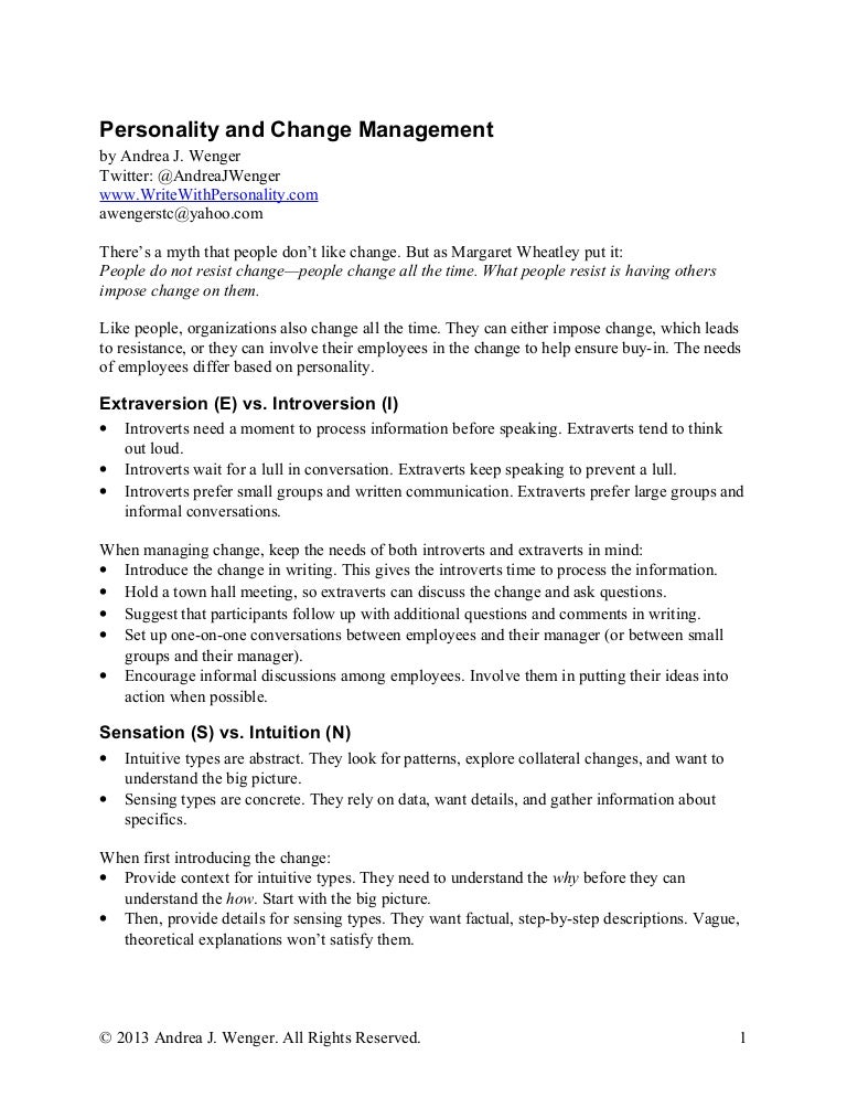 Personality and Change Management Handout