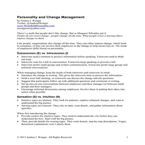 Personality and Change Management Handout