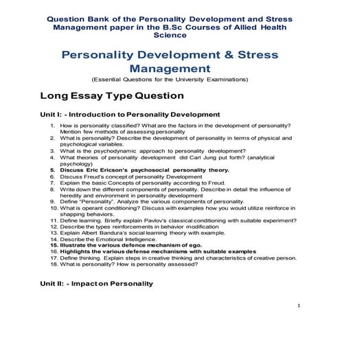Personality Development and Stress Management Question Bank by S.Lakshmanan, Psychologist