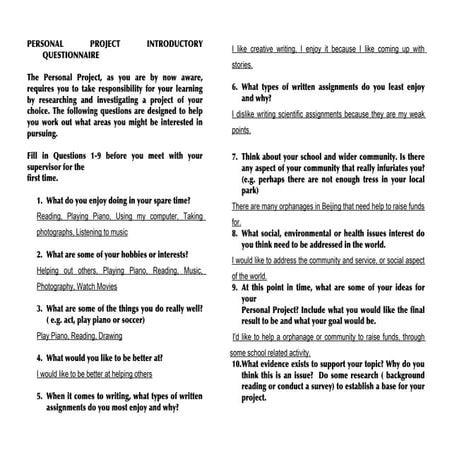 Personal Project Stage 1 Questionnaire