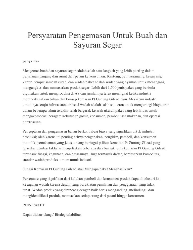 Persyaratan Pengemasan Untuk Buah Dan Sayuran Segar Oleh Pt Gunung Gi