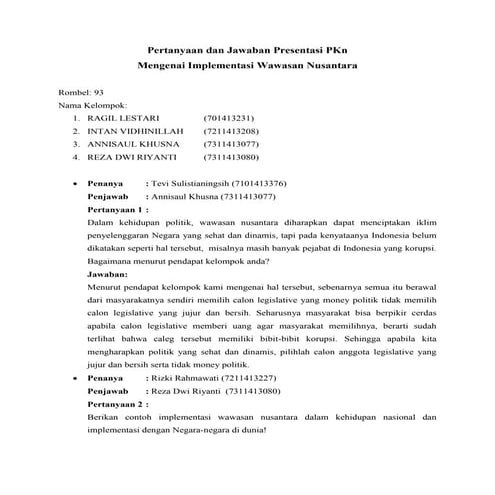 Pertanyaan dan jawaban presentasi p kn