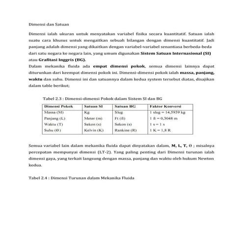 Dimensi Satuan Mekanika Fluida