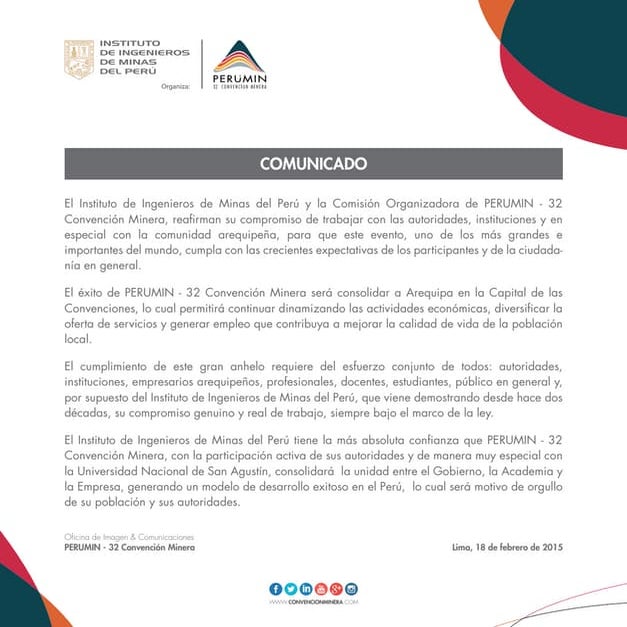 PERUMIN 32 - Comunicado "Comprometidos a trabajar juntos por Arequipa"