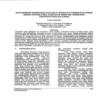 KONTRIBVSI HARDINESS DAN SELF-EFFICACYTERHADAP STRES KERJA (STUDI PADA PERA W AT RSVP DR. SOERADJI TIRTONEGORO KLATEN)
