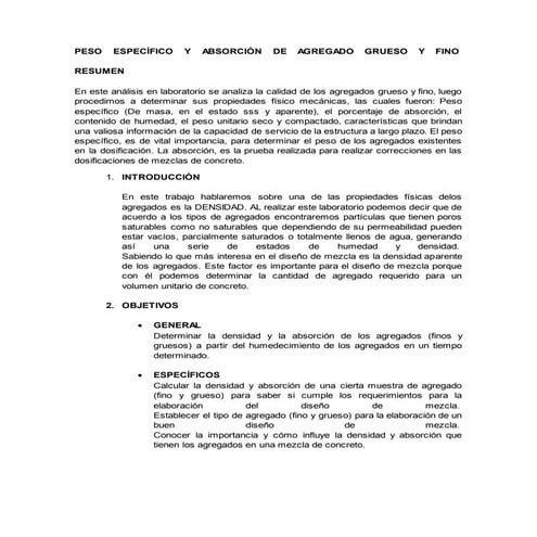 Peso específico y absorción de agregado grueso y fino