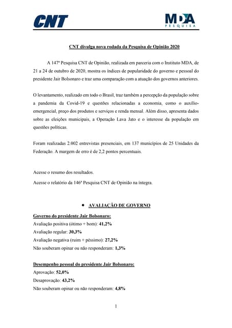 Pesquisa CNT/MDA sobre Governo Bolsonaro 