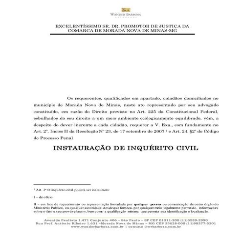 Pedido de instauração de Inquérito Civil | DOCX