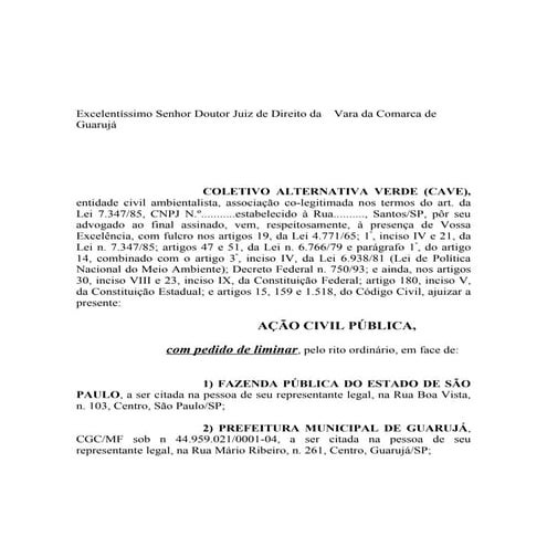 Petição inicial da acao publica contra o Loteamento Iporanga
