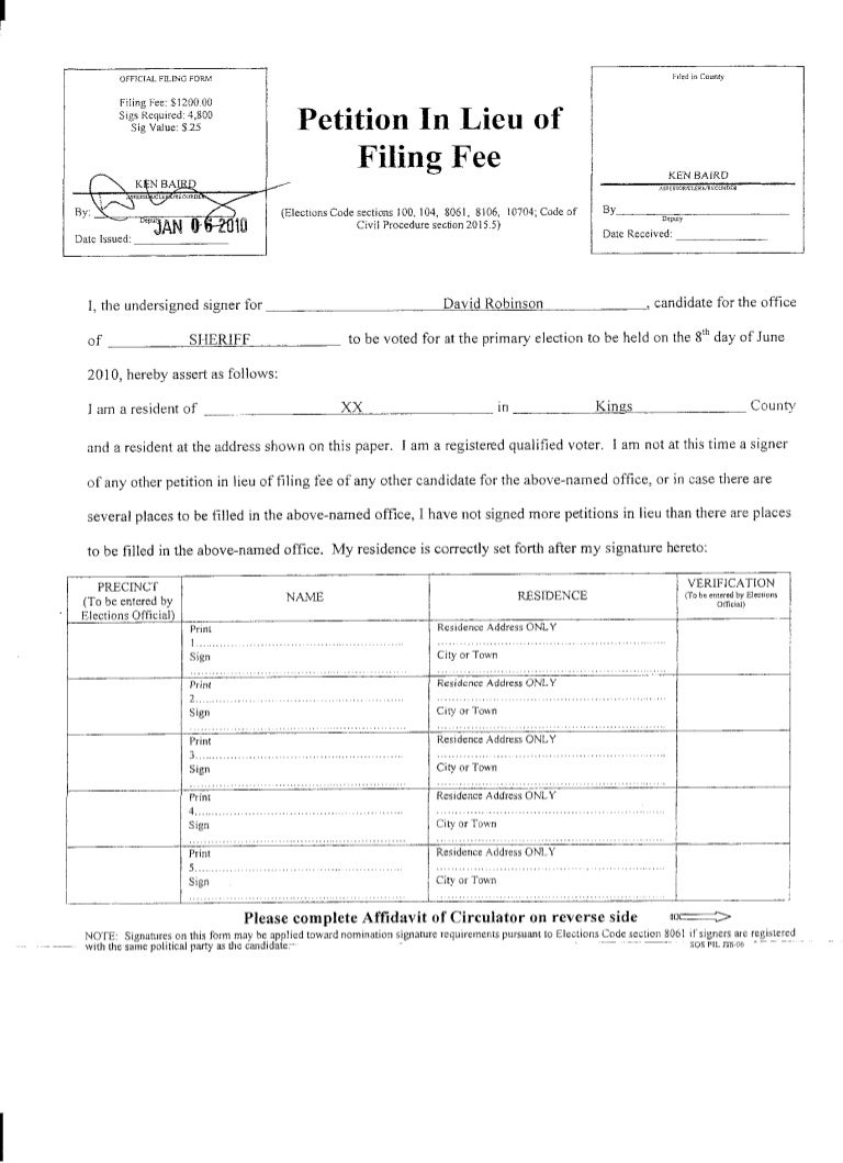 Petition In Lieu Of Filing Fee