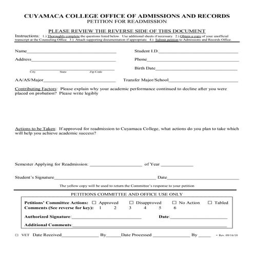 Cuyamaca Petition for Readmission