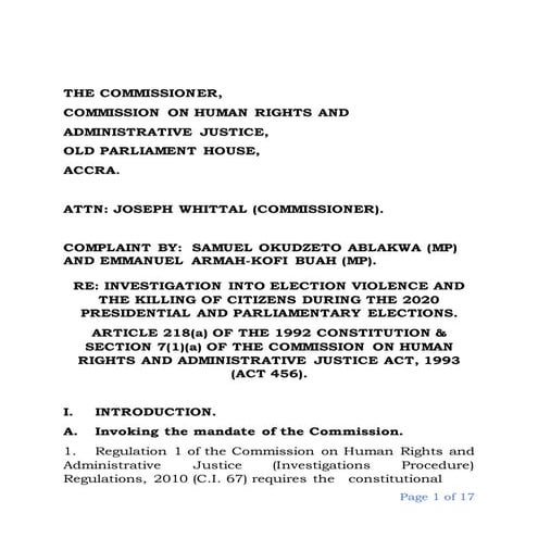 CHRAJ: 2 NDC MPs lodge complaint against Ministers, IGP and CDS over Election...