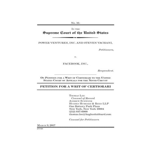 Power Ventures, Inc and Steven Vachani vs. Facebook - Supreme Court - Petitio...