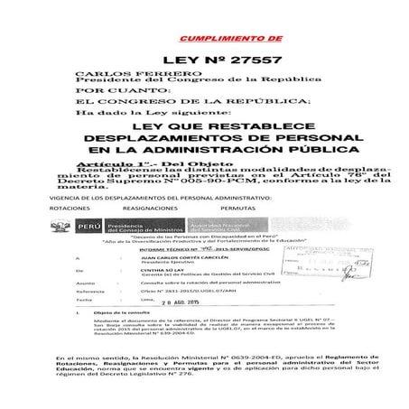 CUMPLIMIENTO DE LA LEY Nº  27557 LEY QUE  RESTABLECE LOS DESPLAZAMIENTOS DEL ...