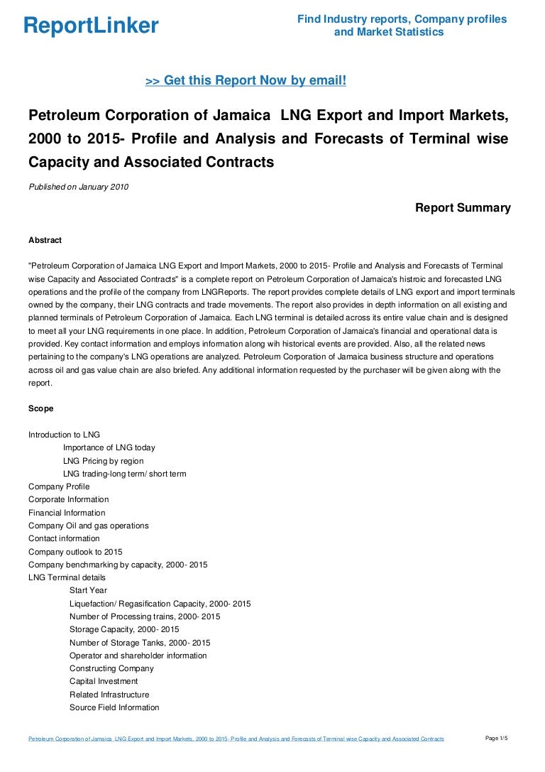 Petroleum Corporation of Jamaica LNG Export and Import Markets, 2000…