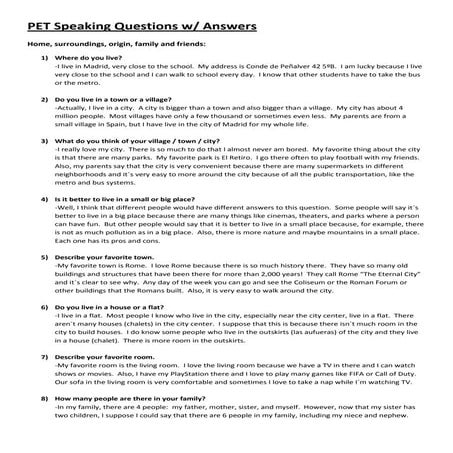 Pet speaking questions   with answers