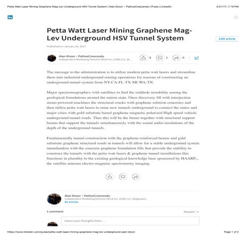 Petta watt laser mining graphene mag lev underground hsv tunnel system | alan...