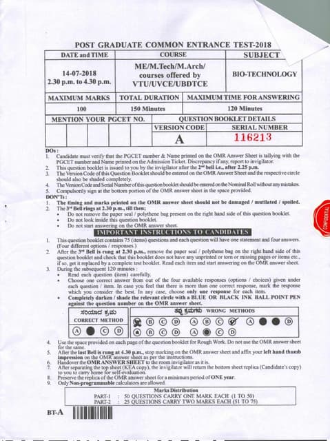 PGCET Biotechnology 2018 question paper