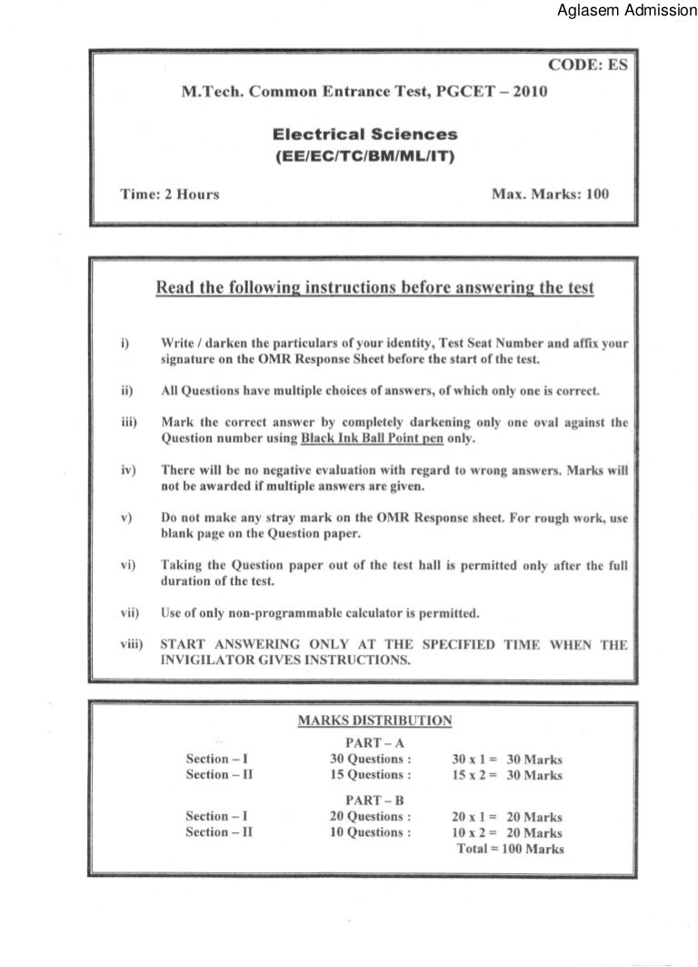 Pgcet electrical sciences 2010 question paper
