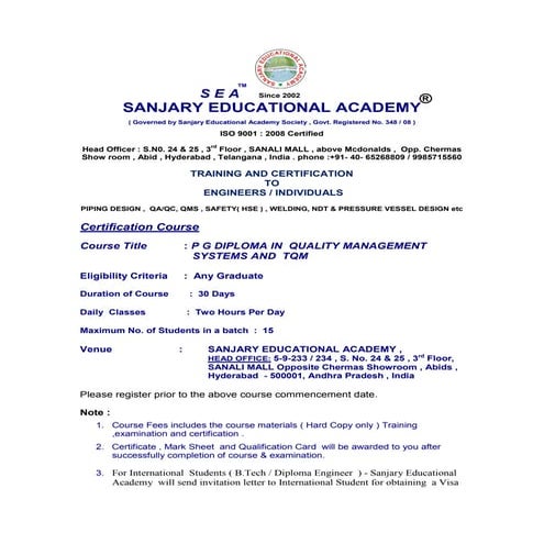PG Diploma in QMS and TQM