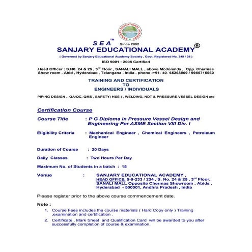 PG Diploma Pressure vessel design