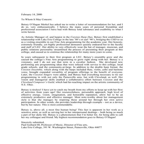 Betsey O'Hagan (Merkel) Recommendation Letter 2000