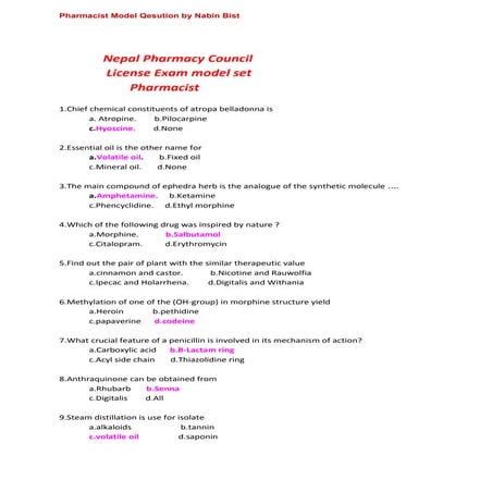Pharmacist model Question Based on NPC Syllabus 