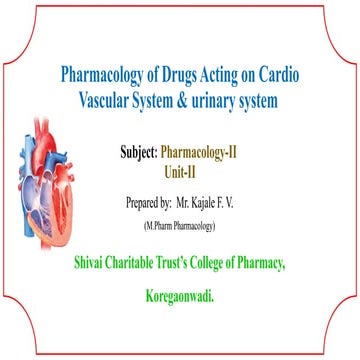 Pharmacology -II Unit-II Pharmacology of Drugs Acting on Cardio Vascular System & urinary system
