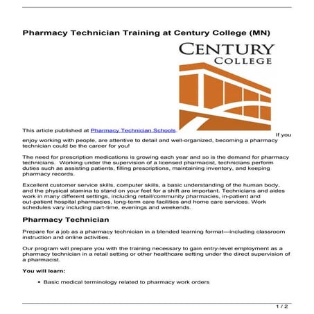 Pharmacy Technician Training at Century College (MN) | PDF