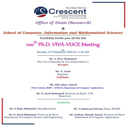 Ph d invitation for 100th Viva-voce @B.S.A Crescent Institute of Science & Te...