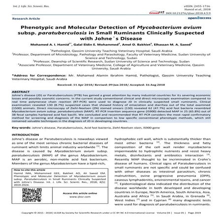 Phenotypic and Molecular Detection of Mycobacterium avium subsp. paratubercul...