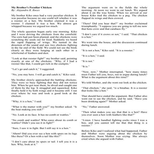 Philippine Literature: My Brother's Peculiar Chicken