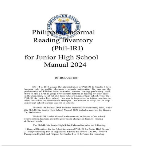 Philippine Informal Reading Inventory (Phil-IRI) Manual 2024 for Junior ...