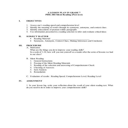 Phil iri silent reading plan