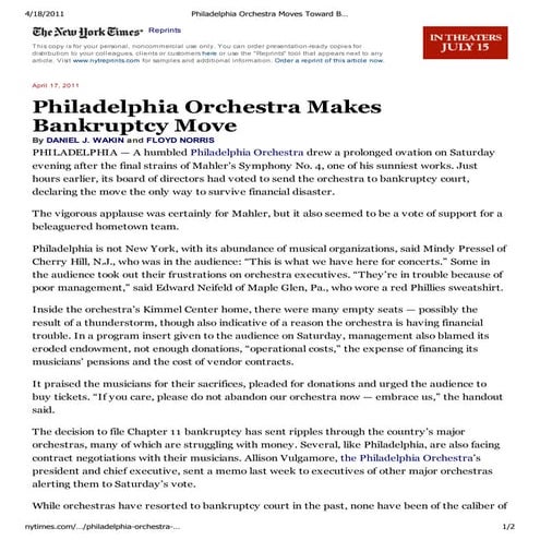 Philadelphia Orchestra Moves Toward Bankruptcy Filing 