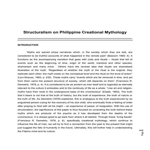 Philippine creational mythology, structural anthropology 1