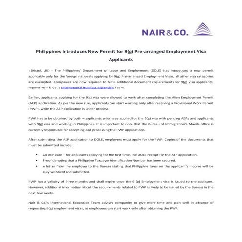 Philippines Introduces New Permit for 9(g) Pre-arranged Employment Visa Appli...