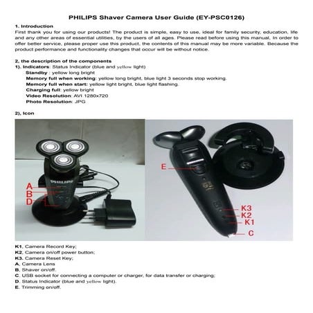 Philips Water proof shaver Spy camera user guide (ey-psc0126) HD spy ...