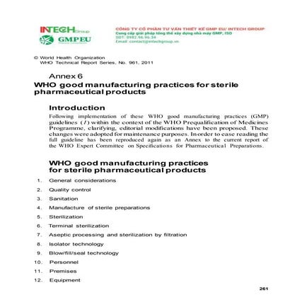 Phụ lục 6. Tiêu chuẩn GMP WHO cho chế phẩm vô trùng