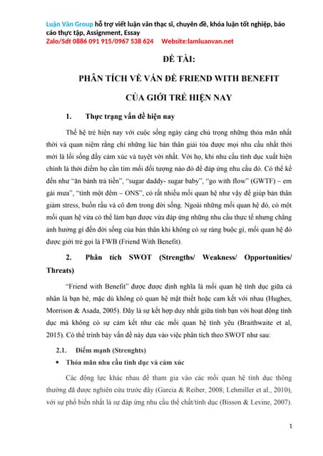 PHÂN TÍCH VỀ VẤN ĐỀ FRIEND WITH BENEFIT CỦA GIỚI TRẺ HIỆN NAY