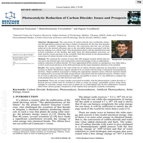 Photocatalytic reduction of carbon dioxide  issues and prospects bentham science (2016)
