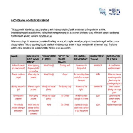 Photography portrait shoot risk assessment form