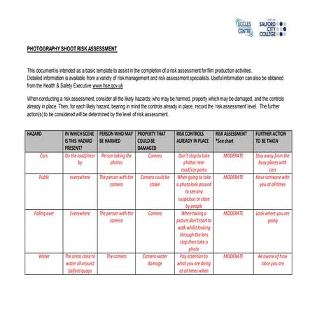 Photography shoot risk assessment form