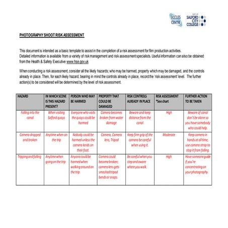 Photography shoot risk assessment form